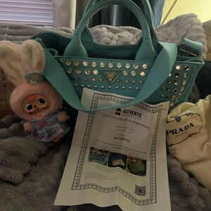 Prada Turquoise Studded Tote Bag
